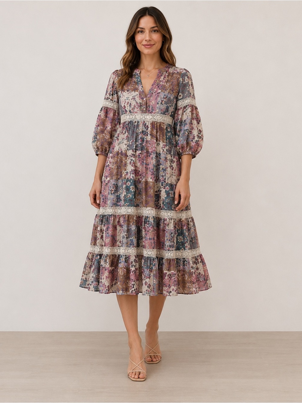 City Chic Patchwork Floral Maxi Dress in Mauve and Blue